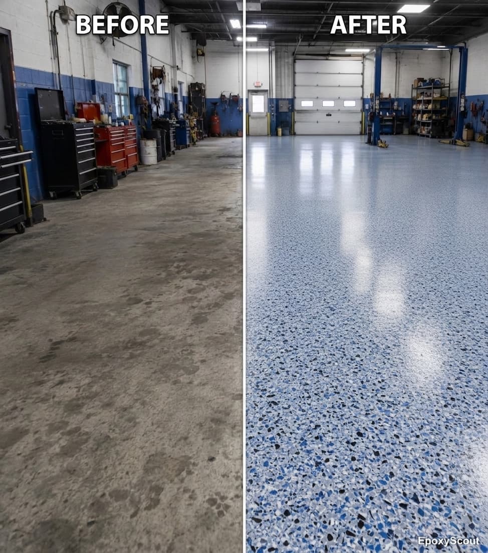 Automotive repair shop floor before and after epoxy — blue flake finish