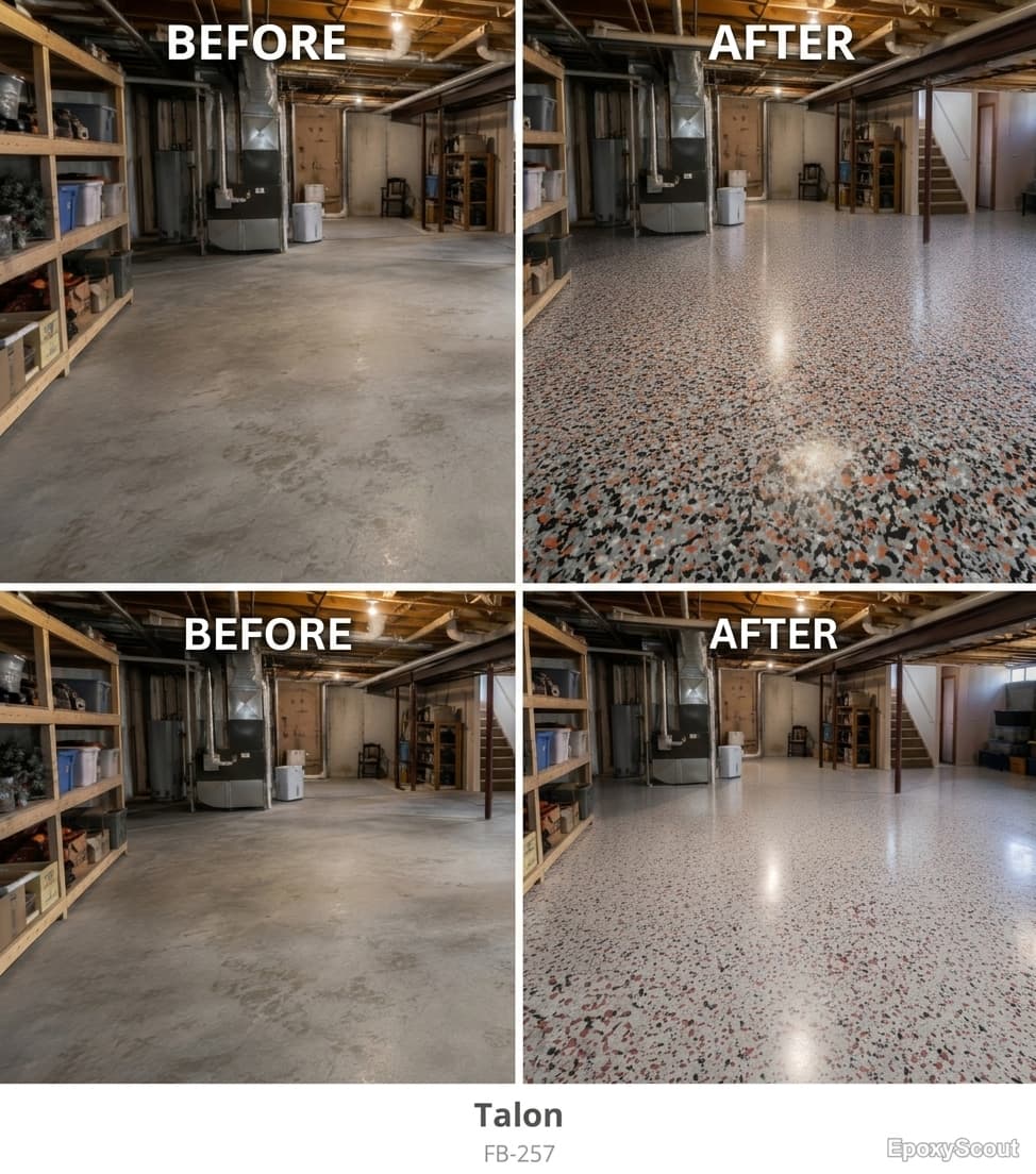 Basement floor before and after epoxy — Talon FB-257 multi-color flake finish, two angles