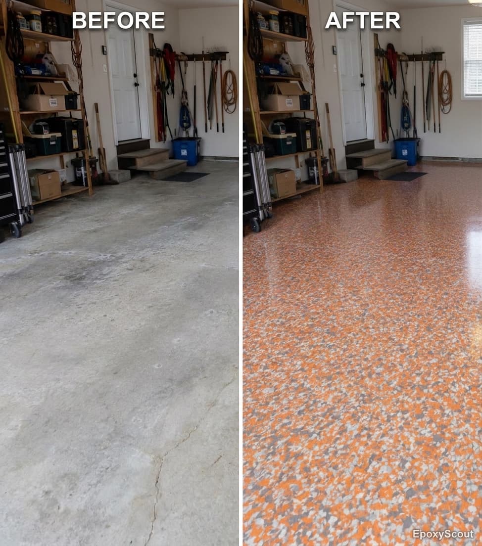 Garage floor before and after epoxy — white, black, and green flake finish