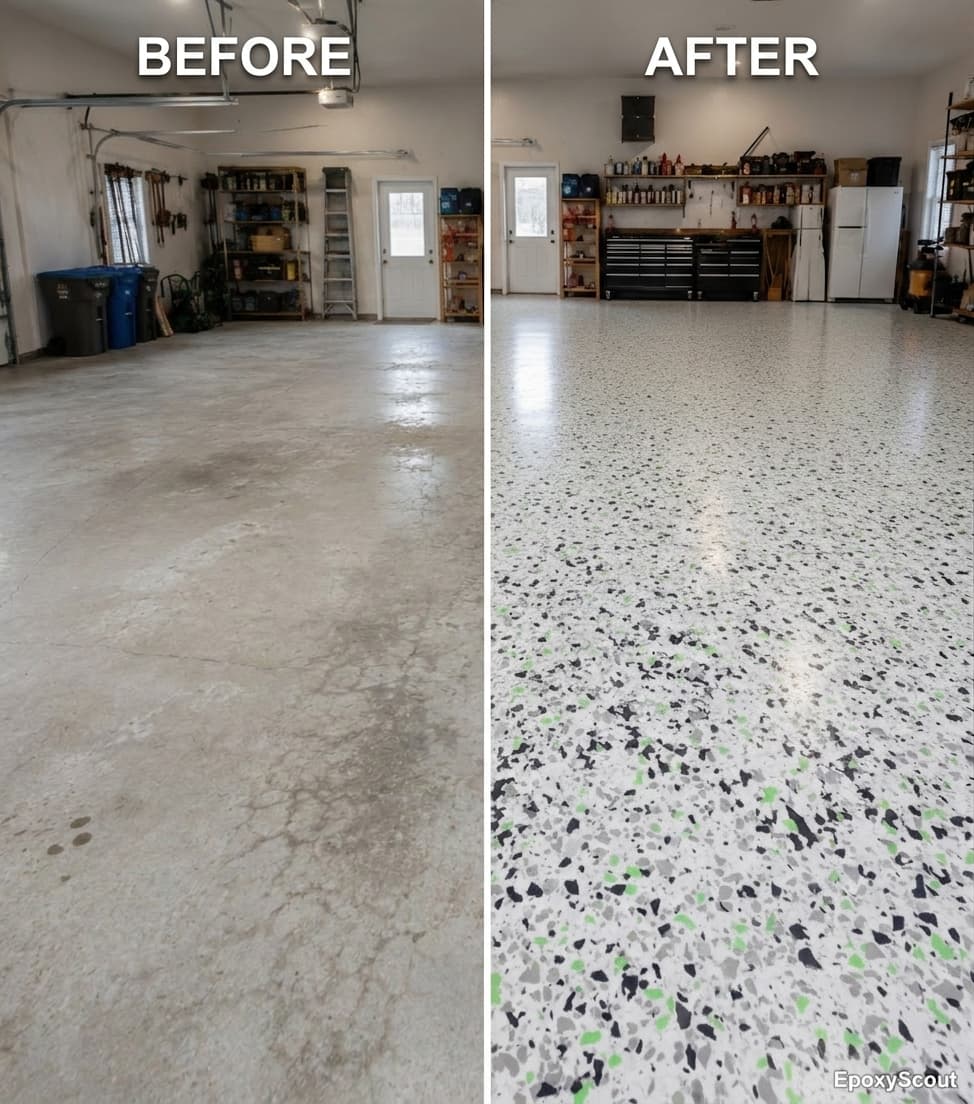 Garage floor before and after epoxy — orange and gray flake finish