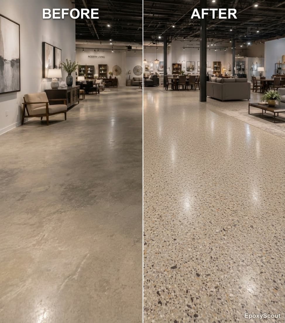 Commercial showroom floor before and after epoxy — neutral tan flake finish